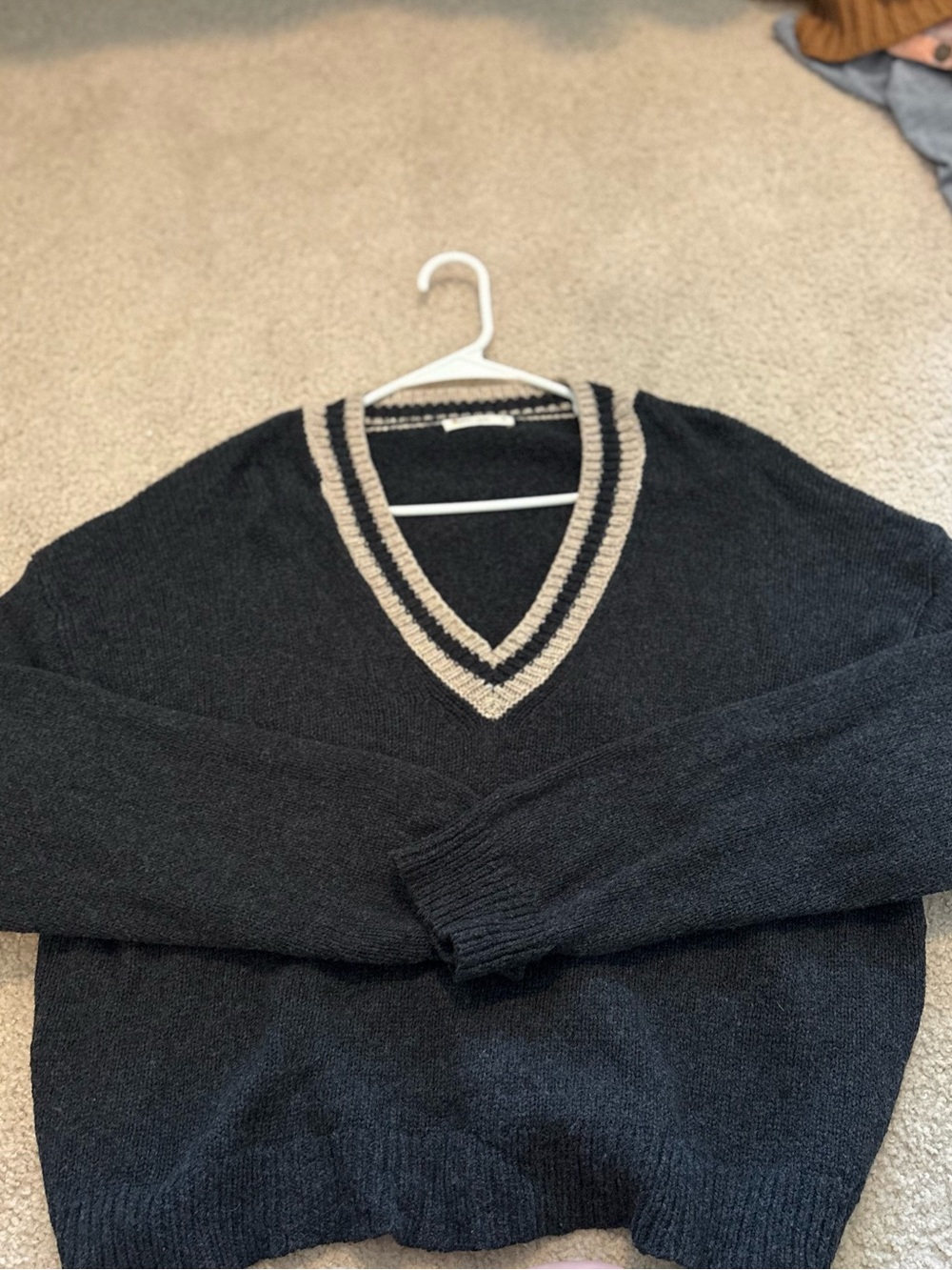 Marine Layer Black V-Neck Sweater with Cream Trim